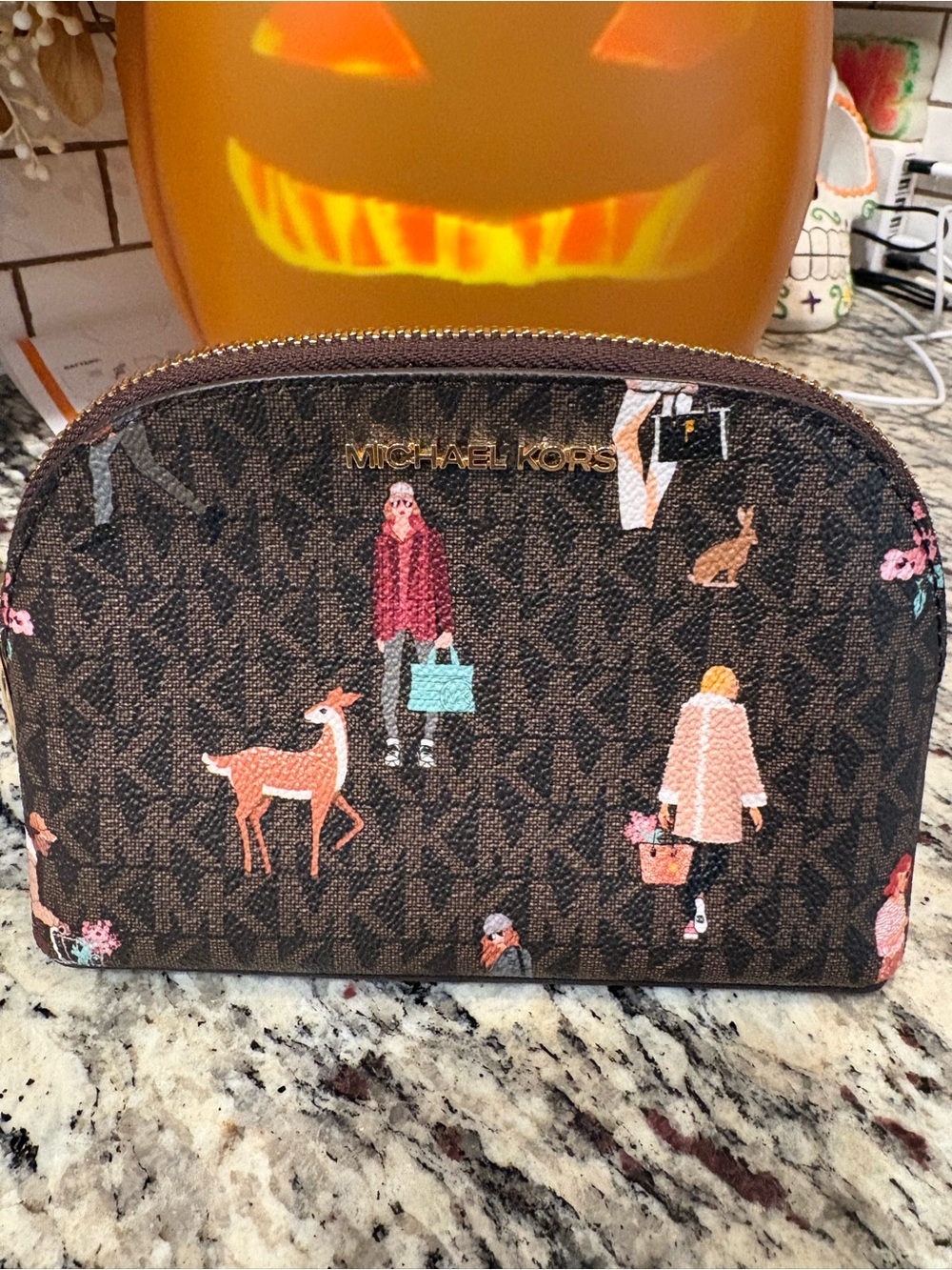 Michael Kors Brown Monogram Dome Cosmetic Pouch with Pink Accent